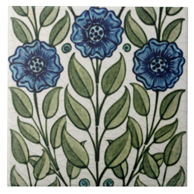Repro Antique De Morgan Blue Grönt Blommigt Kakelplatta (Framsidan)