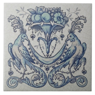 Repro Antique Minton Hollins Birds Fruit Blue Kakelplatta
