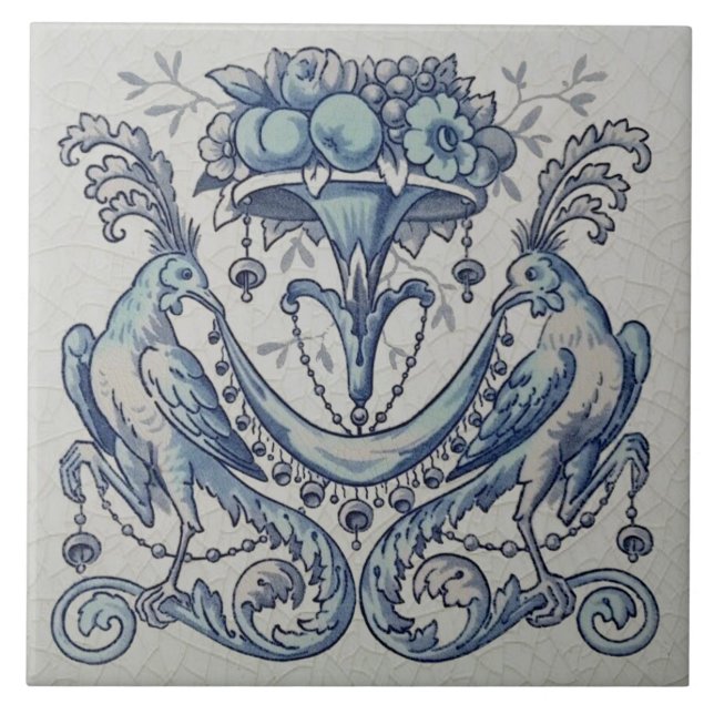 Repro Antique Minton Hollins Birds Fruit Blue Kakelplatta (Framsidan)