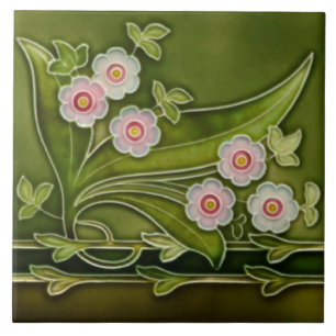 Repro Antique Tubelines Rosa Blommigt Grönt Grän Kakelplatta