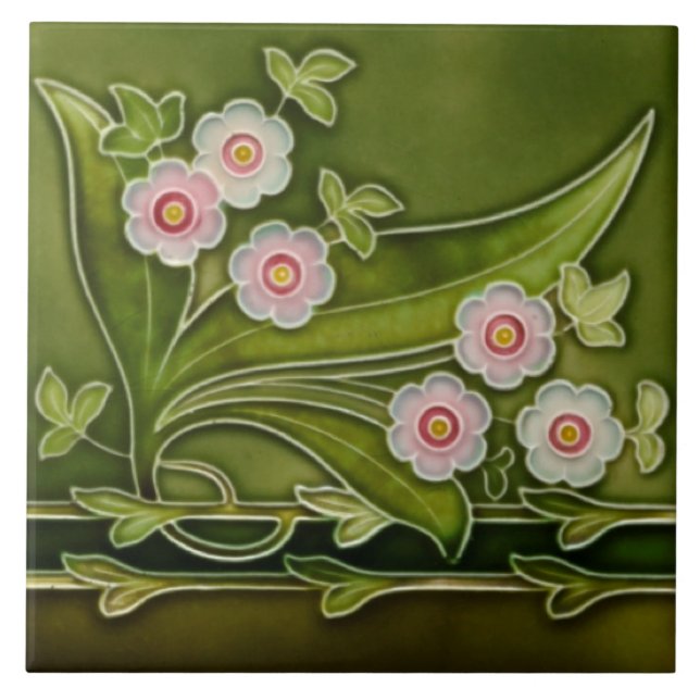 Repro Antique Tubelines Rosa Blommigt Grönt Gräns Kakelplatta (Framsidan)