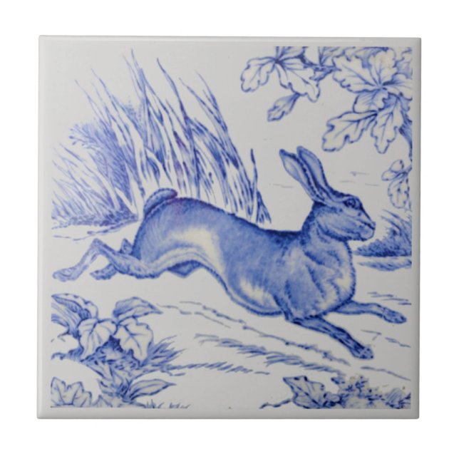 Repro Antique Wedgwood 1876 Blue Hare Rabbit Tile Kakelplatta (Framsidan)