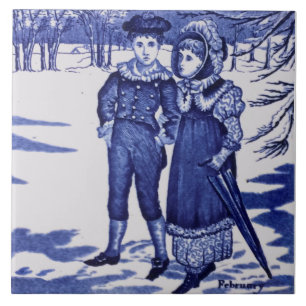 Repro Antique Wedgwood Blue"Februural" Figural Kakelplatta