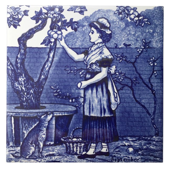 Repro Antique Wedgwood Blue September Figural Kakelplatta (Framsidan)