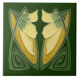Repro Art nouveau Dk Grönt c1900-Blommigt Kakelplatta