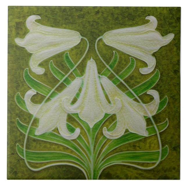 Repro Art nouveau Påsk Lily på Mottled Grönt Kakelplatta (Framsidan)