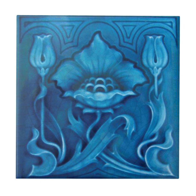 Repro Art Noveau Cerulean Blue Blommigt Majolica Kakelplatta (Framsidan)