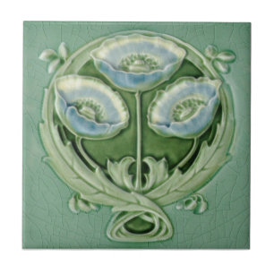Repro Art Novueau Soft Blue Grönt Poppies Blommig Kakelplatta