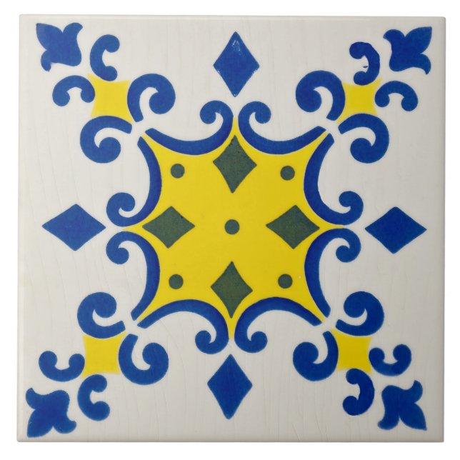 Repro Azulejos Portugisiska Geometric Gult Blue Kakelplatta (Framsidan)