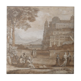 Repro Black and White Tile River Scene Kakelplatta