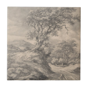 Repro Black and White Tile River Scene Kakelplatta