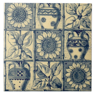 Repro Blue & Buff Sunblommor Urns Bamboo Trellis Kakelplatta