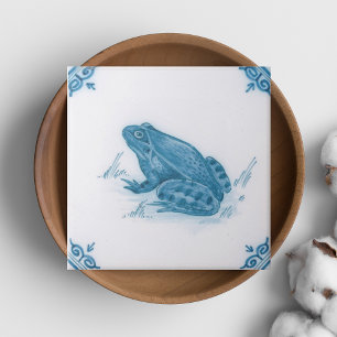 Repro Blue och White Frog Delft Kakelplatta