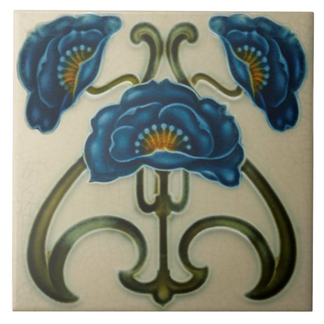 Repro Blue Poppies Art Noveau Ceramic Tile Kakelplatta (Framsidan)
