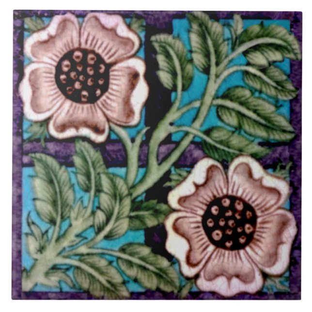 Repro Bright handmålad De Morgan Ro & Trellis Kakelplatta (Framsidan)