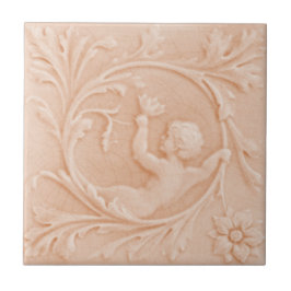 Repro c1880 Minton Faux Relief Cherub Peach Rosa Kakelplatta