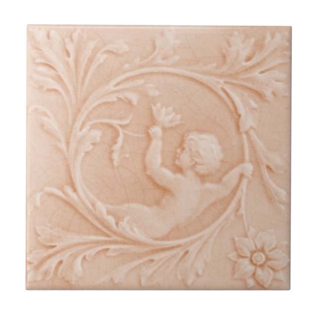 Repro c1880 Minton Faux Relief Cherub Peach Rosa Kakelplatta (Framsidan)