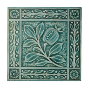 Repro c1900 Teal Majolica Faux Relief Pomegranat Kakelplatta