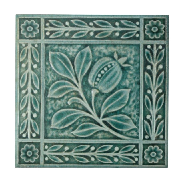 Repro c1900 Teal Majolica Faux Relief Pomegranat Kakelplatta (Framsidan)