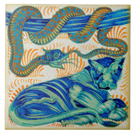 Repro c1900 William De Morgan Jungle Cat & Snake Kakelplatta