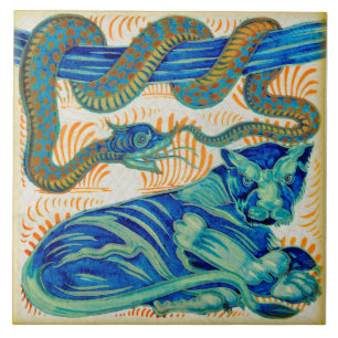 Repro c1900 William De Morgan Jungle Cat & Snake Kakelplatta
