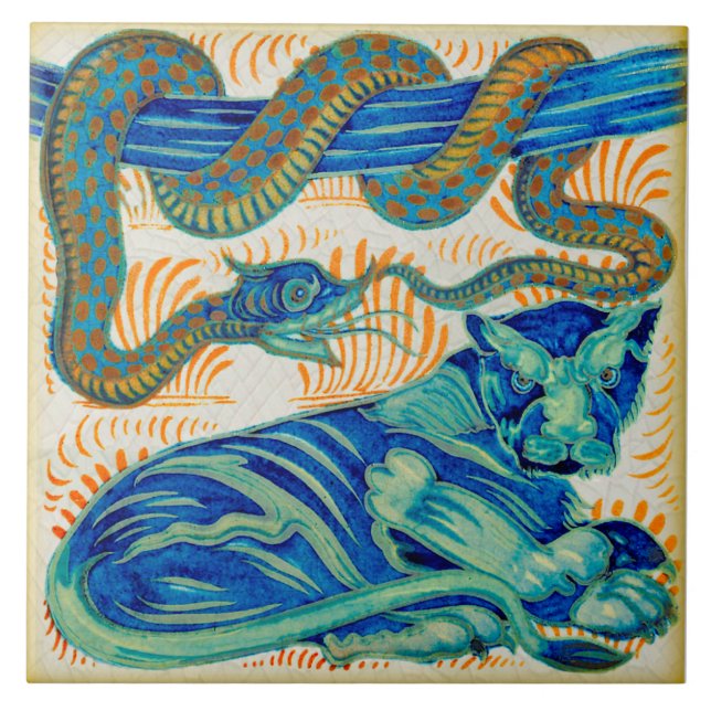 Repro c1900 William De Morgan Jungle Cat & Snake Kakelplatta (Framsidan)