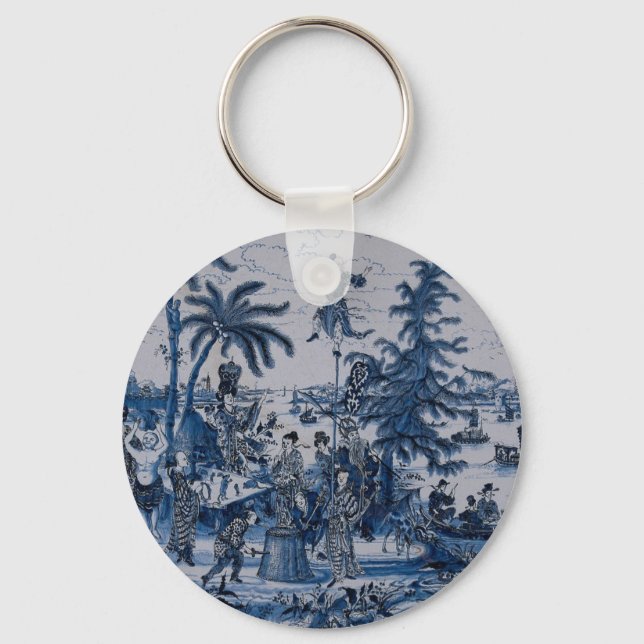 Repro Chinoiserie Delft Blue and White Tile Nyckelring (Framsida)