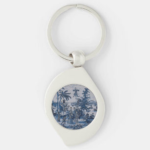 Repro Chinoiserie Delft Blue and White Tile Swirl Silverfärgad Nyckelring