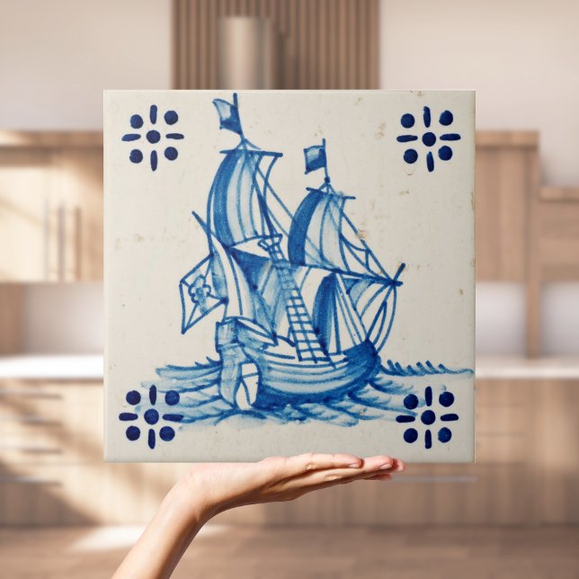 Repro Deftware Sail Ship Blue Delft Tile Kakelplatta (Repro Deftware Sail boat Blue Delft Tile
)