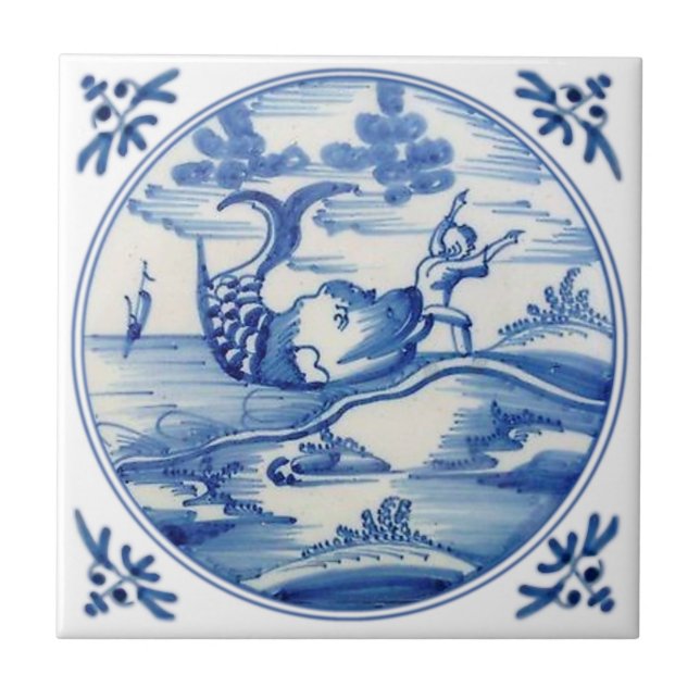 Repro Delft Biblical Jonah och Whale 1700-talet Kakelplatta (Framsidan)