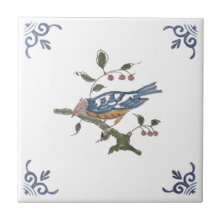 Repro Delft Bird on Gren w/Berries on White Tile Kakelplatta