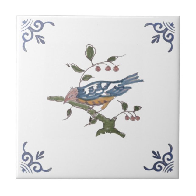 Repro Delft Bird on Gren w/Berries on White Tile Kakelplatta (Framsidan)