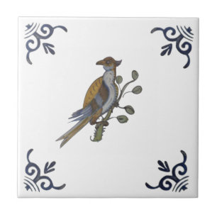 Repro Delft Bird on Gren w/Berries on White Tile Kakelplatta