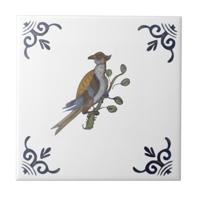 Repro Delft Bird on Gren w/Berries on White Tile Kakelplatta (Framsidan)