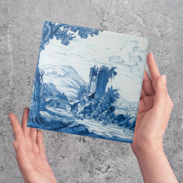 Repro Delft Blue and White Tile River Scene Kakelplatta (vintage blue and white Delft tiles )
