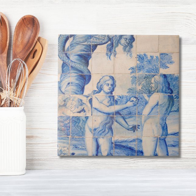 Repro Delft Tile Adam och Kväll Picturesque scen Kakelplatta (Repro Delft Tile Blue Adam and Eve biblical)