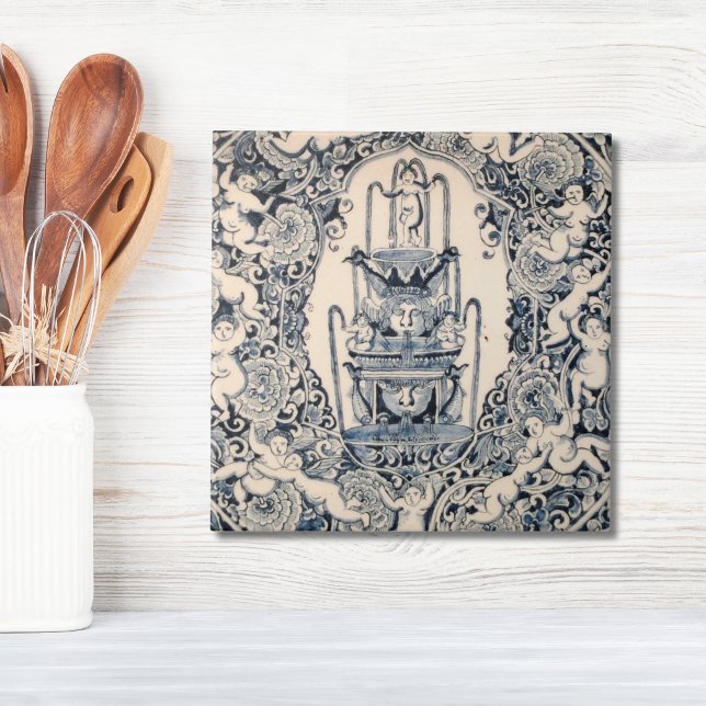 Repro Delft Tile Änglar Fontän Picturesque-scen Kakelplatta (Repro Delft Tile Blue cherub fountain renaissance)