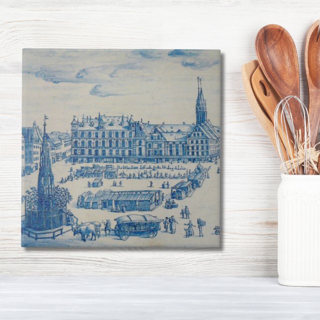 Repro Delft Tile Nuremberg Town Square Blue Kakelplatta (Repro Delft Tile Blue Germany town square antique building)
