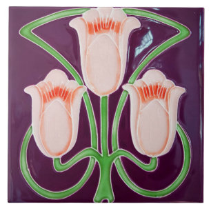 Repro Edwardian Art nouveau Lila Tulip Blommigt Kakelplatta