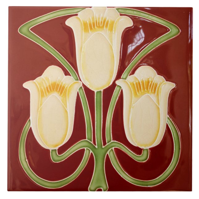 Repro Edwardian Art Nouveau Red Tulip Floral Tile Kakelplatta (Framsidan)