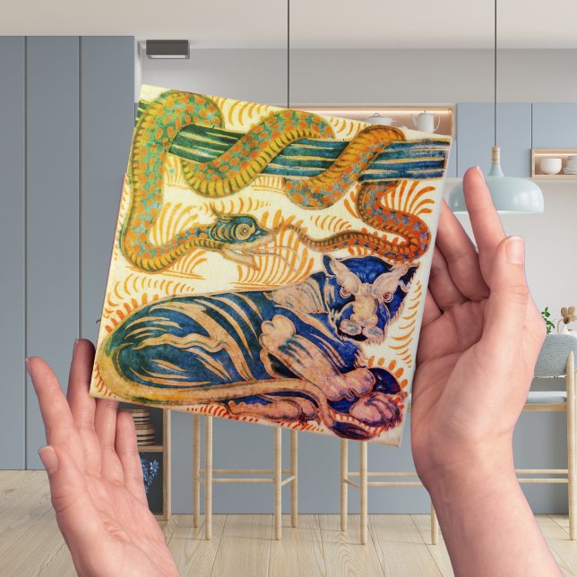 Repro Edwardian Art Nouveau Tiger Snake Tile Kakelplatta (tiger and snake ceramic decorative tiles in art nouveau )