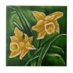 Repro Faux Relief Daffodils på Mörk grönt Kakelplatta