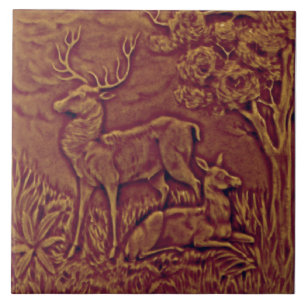Repro Faux Relief Molded Antique Hjort Doe Stag Kakelplatta