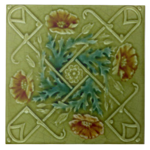 Repro Faux Relief Molded Blommigt Trellis Majolica Kakelplatta