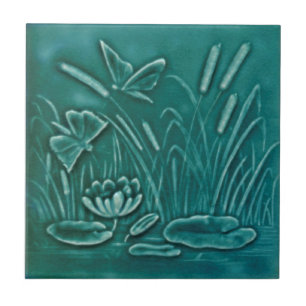Repro Faux Relief Molded Marsh Lily Pond Butterfly Kakelplatta