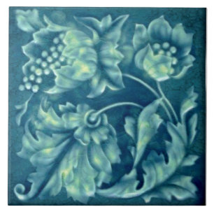 Repro Faux Relief Peacock Aqua Majolica Blommigt Kakelplatta