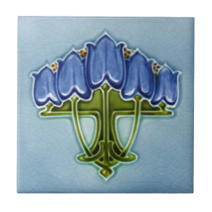 Repro från Art nouveau Blue Blommigt Faux Relief  Kakelplatta