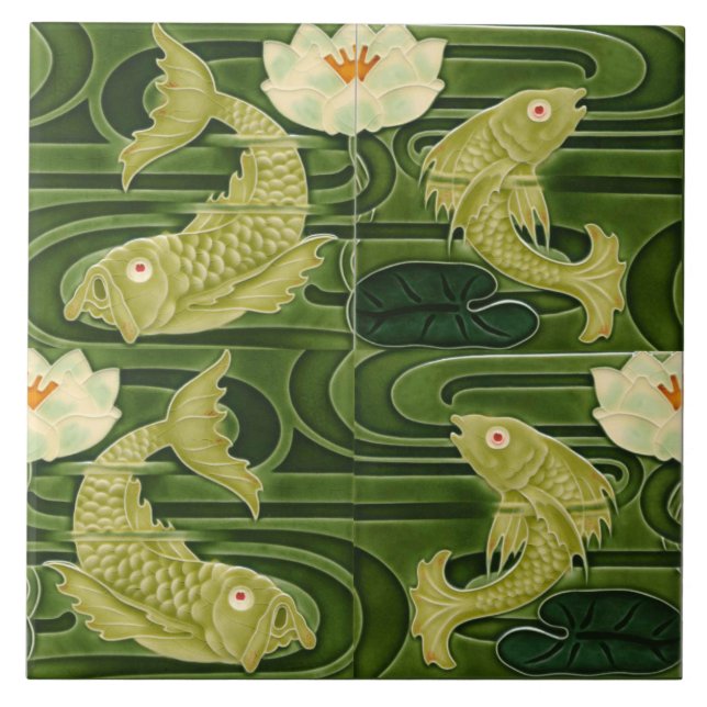 Repro German Art nouveau Jugendstill Pond Fish Kakelplatta (Framsidan)
