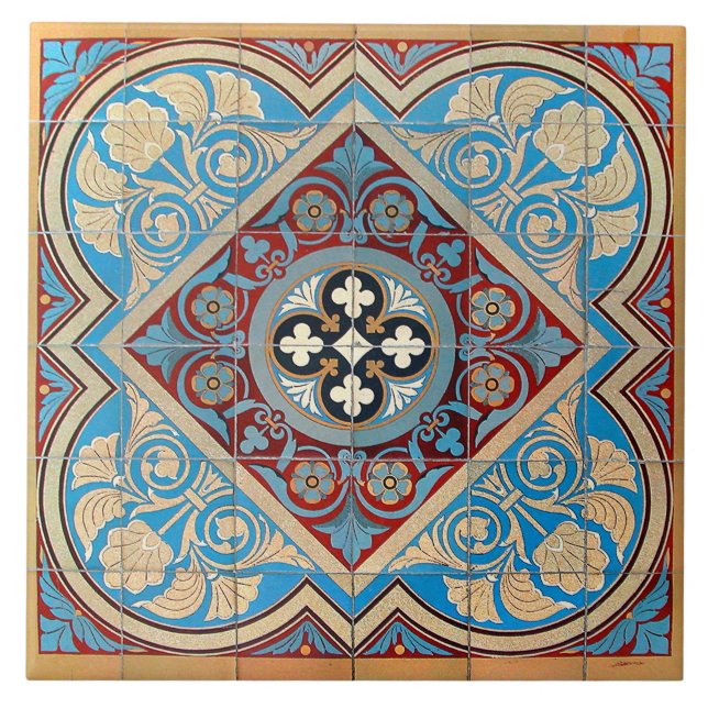 Repro German Geometric Art nouveau Jugendstill blu Kakelplatta (Framsidan)