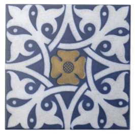 Repro Gothic Quatrefoil Tile in Blue, Guld & White Kakelplatta
